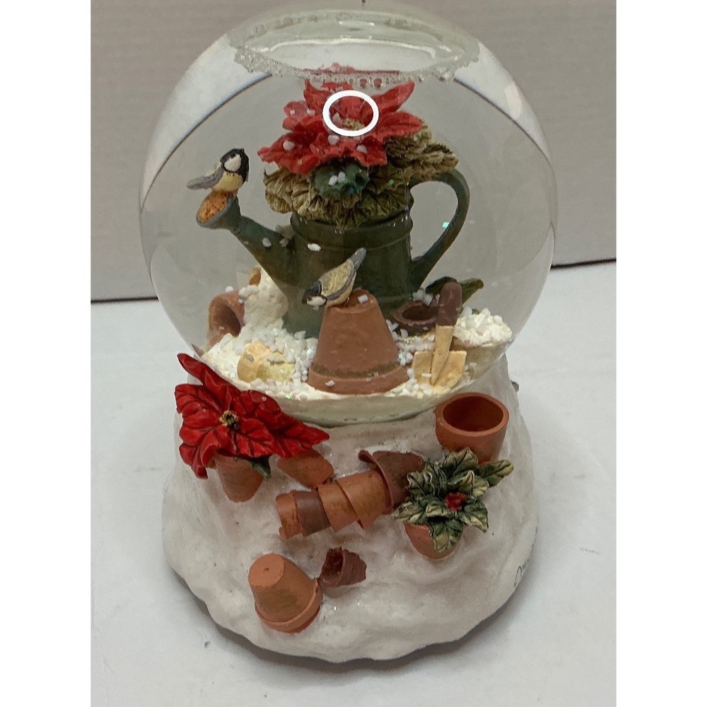 Marjolein Bastin Vintage‎ Musical Snow Globe Chickadees Poinsettia Garden 6in